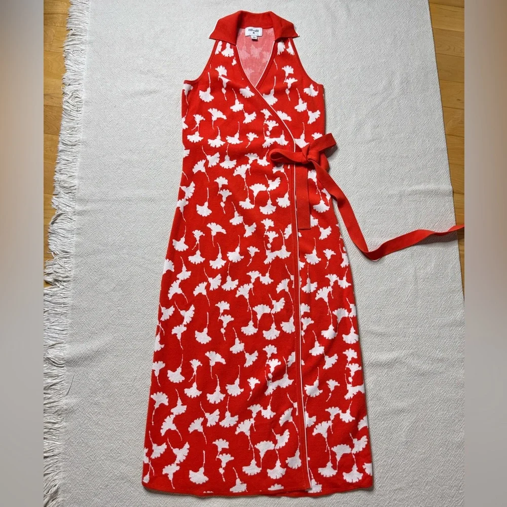 DVF for Target Orange Floral Ginko Print Jersey Knit Wrap Midi Dress S Preppy - Picture 2 of 9
